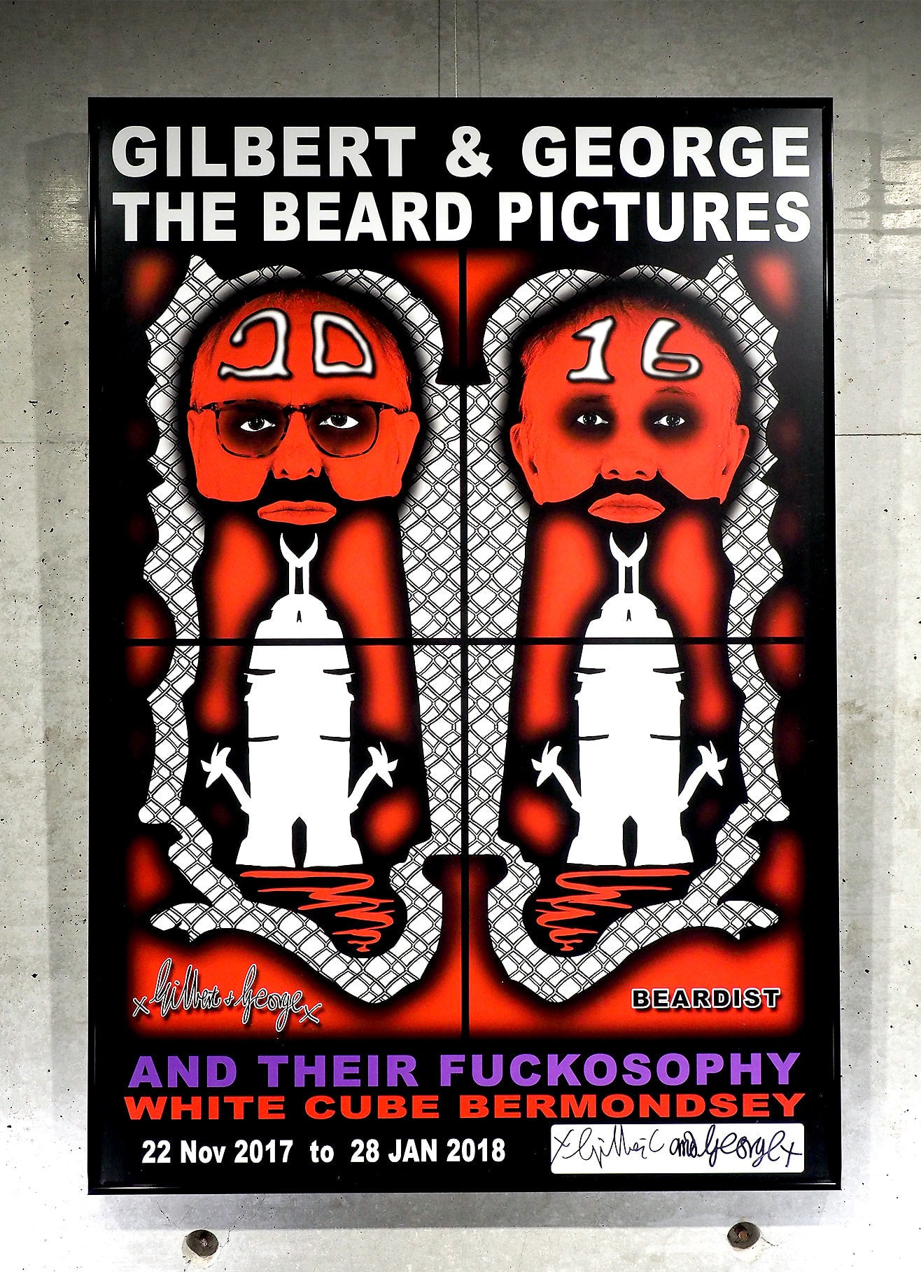 GILBERT & GEORGE (BRITISH B.1943 &  B.1942)オリジナルフレーム付、ラミネート加工済み、作家サイン入り、Signed, The Beard Pictures, poster at  White Cube Gallary. 税込(incl. sales tax)